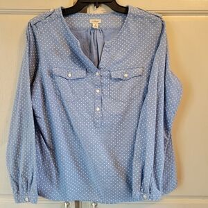 L.L. Bean Blue White Polka Dot Half Button V-neck Cotton Long Sleeve Shirt